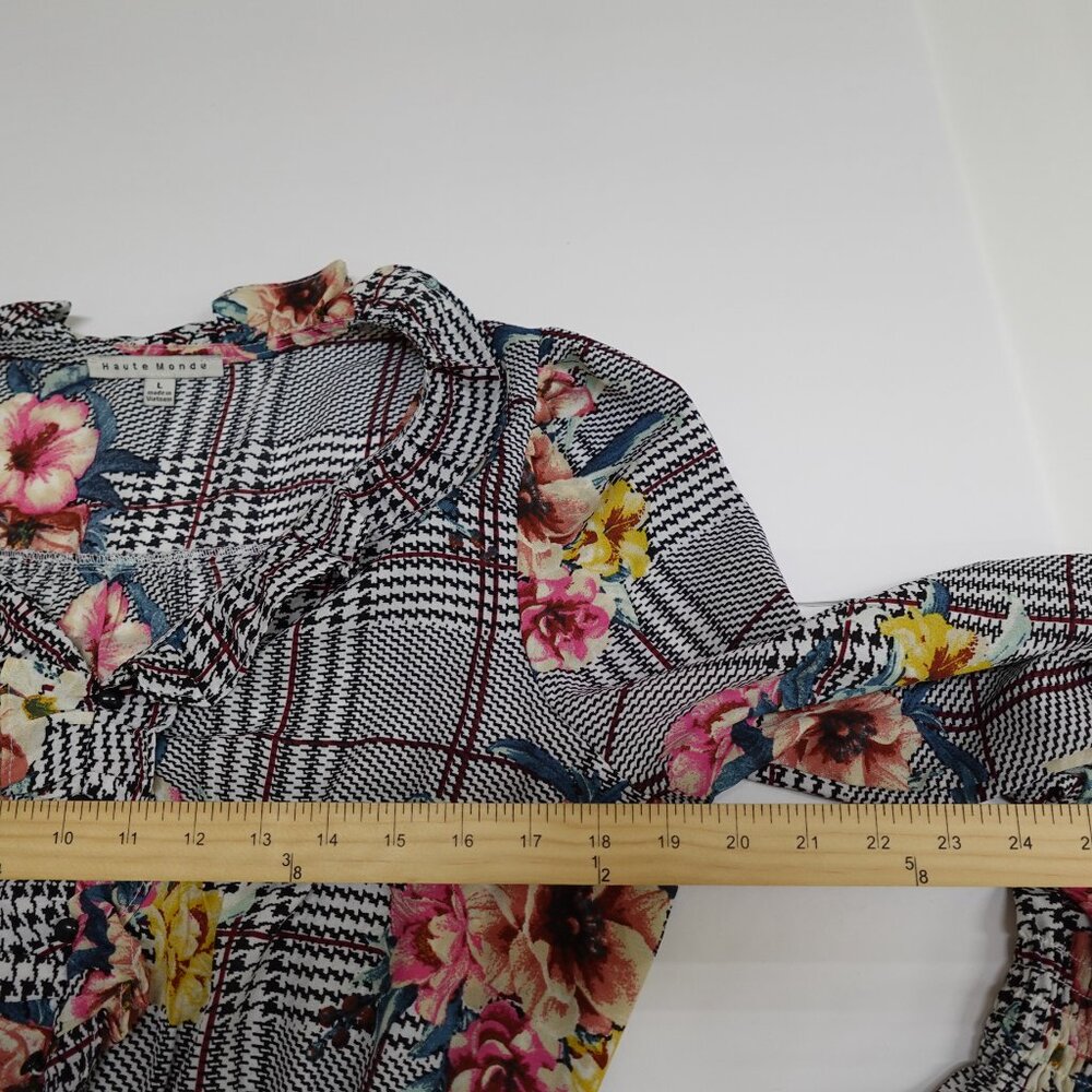 Haute Monde Floral Ruffle Trim Black White Houndstooth Printed Top Size Large - Picture 3 of 9